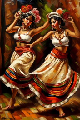 2 maxican woman dancing neoclassism traditional painting