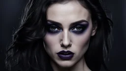 average female face, around 28 years old, dark hair, non-model face, close-up female portrait, half face, oblique plane, goth style, pale face, dark eyes, reflection in her eye, suggestive image, dark mode, only dark colors, black, dark purple, dark gray, silver, dark blue, blurred dark background, 16:9 size, artistic, dark night, creepy vibe, goth mood, raven, dark colors, shadow, mystic theme