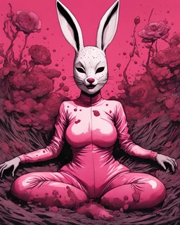 Asian woman, lying pose, rabbit mask, pink short hair, latex suit, highly detailed, fullbody, splashes blood, behind guts rising from the ground, papercut illustration by <John Kenn Mortensen>, darkred tones,