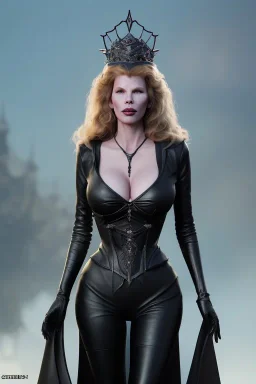 Kim Basinger as evil queen in black leather, busty, cleavage, curvy, angry, stern look. character design by cory loftis, fenghua zhong, ryohei hase, ismail inceoglu and ruan jia. unreal engine 5, artistic lighting, highly detailed, photorealistic, fantasy