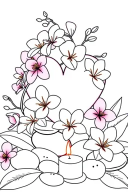 outline art for visually rich appealing heart in orchids plumeria rounded stones candles, ikebana style, coloring page for kids, white background, fit to page, only use outline, clean line art, no shadows, clear and well outlined