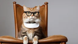 very clever cat with glasses in chair.