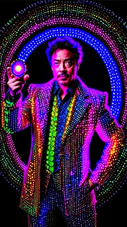 A full body pic of Robert Downey Jr. as Sherlock Holmes, wearing a dazzling, glittery disco outfit, illuminated by a kaleidoscope of neon lights, surrounded by small disco spheres, holding a mirror-decorated pipe in his hand