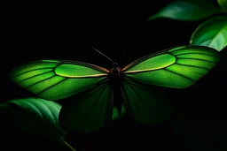 green winged butterfly wings spread top light black background, marijosna leaves