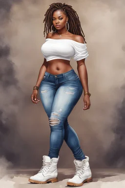 Create a watercolor image of a curvy black female wearing tight cut up jeans and a off the shoulder white tshirt with timberland boots. Prominent make up with hazel eyes. Highly detail dread locs