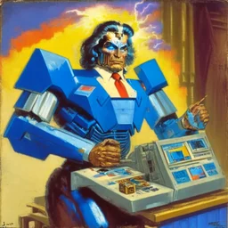 Vintage 1980 Transformer president of uruguay painting in magic the gathering style. Half man half machine!