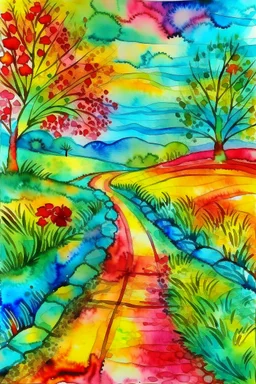 Prompt: tie-dye country road