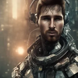 portrait,perfect face lionel messi robot, post-apocalyptic in a cyberpunk city, realistic, intriacte detail, sci-fi fantasy style, volumetric lighting, particales,highly detailed,cinamatic, deep colours,8k