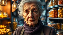 elderly female shopkeeper in Victorian sweet shop, old-fashioned traditional sweets and confectionery, humbugs, sherbert lemons, licquorice, boiled sweets, head and upper body, perfect eyes, exquisite composition, beautiful detailed intricate insanely detailed octane render trending on artstation, 8k artistic photography, photorealistic concept art, soft natural volumetric cinematic perfect light, chiaroscuro, award-winning photograph, masterpiece, raphael, caravaggio, greg rutkowski