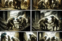 Masterpiece1:5)(Fineart), (award-winning:1.5), highest quality, war journalism, ink and colored pencil sketch of photocollage (by Gustave Doré, Jan Saudek:1.5),(Eastern Ukraine:(panel one:the moment after a battle ends, horrors of war, wounded men),(2nd panel, cinematic shot of men sitting in trench with 1000 yard stare (focus on their eyes:1.5)),(the third panel shows troops tired but hyper alert), (the fourth panel shows the sky is filled with incessant, fire and smoke everywhere,)