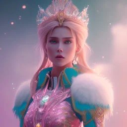 A portrait of a crystalised queen, atmospheric, realistic, unreal engine, cinematic lighting, octane render, transparent, pink turquoise light, long blond hair, pink lips, extremely sharp detail, finely tuned detail, ultra high definition, 8 k, unreal engine 5, ultra sharp focus, accurate sword wings, positive smile, highlight luminous suit blue and pink