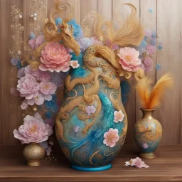 big chinese mingvase, bouguet of flowers and swanfeathers , placed on a chinese wooden table with dragon carvings, Style alcohol ink. various color definitions, flowy swirls, golden lines, 3D, alcohol ink effects, sprinkle glitter, pearls, beads.