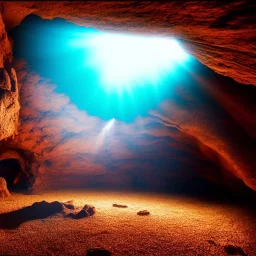 Cave in a desert mountain, hyper realistic, photography, rays, amazing lighting