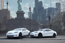 A Tesla 'Model S' is parked, near the 'Statue of Liberty' in New York. CINEMATIC. WIDE ANGLE LENS. PHOTO REAL.