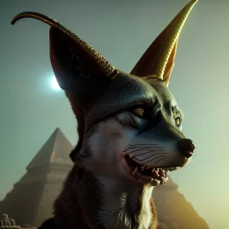 A portrait post-apocalypse of Jackal Egyptian God Anubis ,in the third temple, sci-fi fantasy style, volumetric lighting, particales,highly detailed,cinamatic,8k,3D,fire and black deep colours.