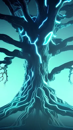 Generate a cyber-themed wallpaper featuring a futuristic tree of Yggdrasil. The tree should be depicted as a network of circuit lines and nodes resembling branches and leaves. The colors of the tree should be sky blue hues coupled with electric blue highlights, to create a unique yet appealing hacking vibe. The background of the wallpaper should be mostly dark to accentuate the cool blue tones of it. The overall aesthetic should be modern, while paying homage to traditional roots of Yggdrasil.