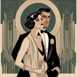 a beautiful woman in formal 1920s attire with a handsome modern man in formal attire from present day