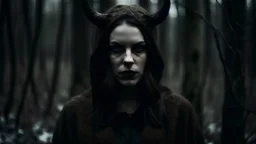 "A woman" with an "evil" face Satanic mysterious, in the middle of the forest, winter, dark, Evil Style