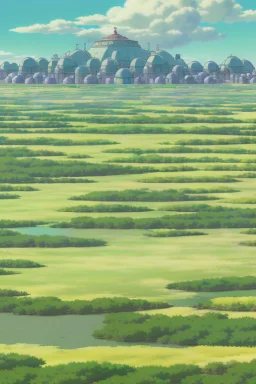 A panoramic view of post-apocalyptic Alberta with scattered biodomes amidst vast expanses of a dust desert. The dome structures, glistening under the harsh sun, appear as lush green oases in the desolate landscape.