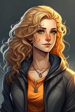 Annabeth Chase has curly blonde hair, gray eyes like storm clouds, and intelligent expression. She is known for her athleticism. Make her wear a bikini.
