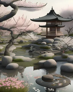 A serene Zen garden with a tranquil pond, cherry blossoms, stepping stones, and an ancient pagoda in the background.