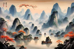 It depicts awe-inspiring traditional color paintings and color landscape paintings in a style characteristic of Chinese culture, and the scenery of the Li River. The focal point of the image should be a mountain shrouded in mist, reflecting the stature and splendor. At the foot of the mountain, a wide river should be seen meandering along it, clear enough to reflect the surrounding landscape. Important elements of the landscape, such as rocks and mountains, should be artfully crafted using ink t