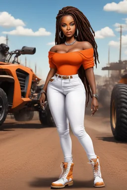 Create a digital airbrush cartoon of a curvy African American female wearing tight white jeans and a off the shoulder orange blouse. She is also wearing timberland boots. Prominent make up with hazel eyes. Highly detailed very long extremely dread locs black hair. Her skin is smooth and silky. Background of a track of ATV riders.