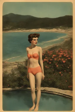 [vintage swimsuit woman] Who was I? Where was I?… The landscape was totally unknown to me, even my body was unfamiliar. What forces brought me here? I searched my mind for memories… There was something there, but it was too clouded… A name… I scanned the horizon. A distant structure rose out of the mists. As evening approached I came upon an enigmatic oasis with a fountain.