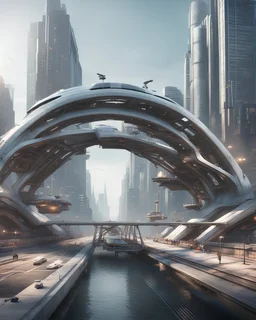 futuristic bridge city infrastructure hitech vehicle technological gadgets HAWKEN photorealistic uhd 8k VRAY highly detailed HDR