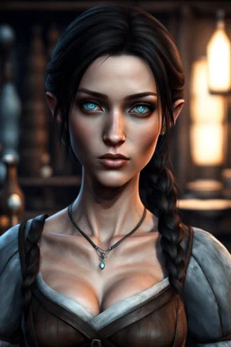 A female breton barmaid from Skyrim with light blue eyes, brunette, melancholic, wholesome, sad