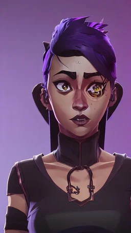 arcane tv show style, league of legends, solo, 1girl, attractive teenager, african, dark skin, dark-brown eyes, black hair, pair buns, (violet strand in forehead bang), necklace, earrings, modern makeup, (detailed skin texture), old leather jacket with violet fur collar, oversized torn t-shirt with half-erased unknown music group logo, You can see through the holes in the t-shirt her acid-green top, dark background, bokeh, cinematic atmosphere