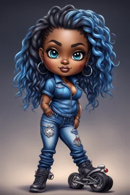 create an airbrush illustration of a chibi cartoon voluptuous black female wearing a blue jean outfit with biker boots. Prominent make up with hazel eyes. Extremely highly detail of a short and shiny twisted dreadlocks. Background of a bike show.