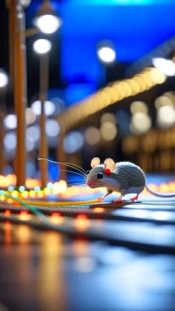 racing mouse crossing tiny bridge on glowing racing track for rc scooter, shot on Hasselblad h6d-400c, zeiss prime lens, bokeh like f/0.8, tilt-shift lens 8k, high detail, smooth render, down-light, unreal engine, prize winning