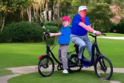 Photo of a single donald trump riding a Blue tricycle while wearing a pink polo shirt with the collar up