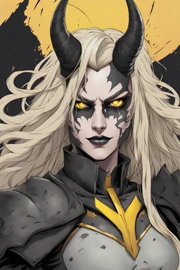 A evil female dark knight with Black sclera, demonic horns, black lips, yellow eyes, long white wavy hair over one eye standing on a battlefield with a evil smile