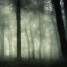 spooky forest, 4k, 8k, highly detailed, cinematic, ultra photorealistic, volumetric lighting, sharp details, mist, trees, depth of field, sun shafts, sunset, wide view