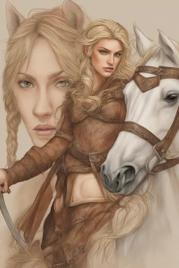 A drawing of beautiful woman with blond hair, viking braids Brown leather armor. Horse