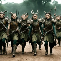 (Month python and Pan's Labyrinth (2006)) heavily armed female elf group on the march, rusty and dusty with sharp pole arms