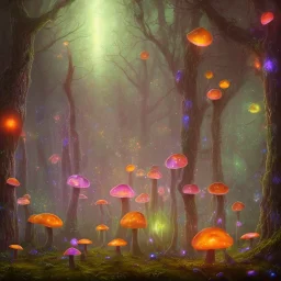 gouache painting, a nightly dark foggy forest with dozens of randomly placed and coloured ( iridescent bioluminiscent translucent ) mushrooms, fireflies, realistic, sharp focus, 8k, hd, dof, insanely detailed, intricate, elegant, volumetric lighting, volumetric clouds, backlight, soft glowing colors, curvature shader