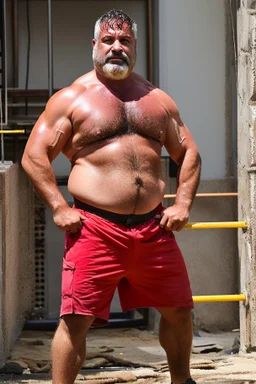 full figure shot photography of a wet sweat chubby and very virile 51-year-old burly turkish construction worker, long beard, in tank top, bulge, works hard very sweaty on a construction site in the sun repairing a floor, underlines the shine of the sweat in the sun's rays and the fatigue of the muscles, manly chest, , big legs, big belly , side view, photorealistic , side light