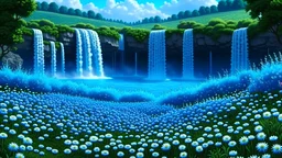 une image réaliste, une cascade, un champs de fleurs bleues