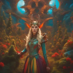 art by Patrick Woodroffe in the style of Salvador Dali, psychedelic colors,Scarlett Johannson as a Scandinavian elf warrior, in an elven kingdom, HD 4K ultra high resolution, photo-real accurate, cinematic volumetric lighting