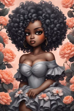 Create an expressive oil painting art image of a curvy black chibi female wearing a grey off the shoulder blouse and she is looking down with Prominent makeup. Highly detailed tightly curly black afro. Background of large peach and grey flowers surrounding her