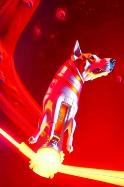 white and orange dog flies to the space at on top of the a rocket, writes, in space, realistic, 4k, Cinematic,