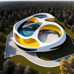 Zaha Hadid style egg-shaped country house colors white black blue and yellow aerial view