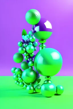 Vibrant abstract 3D sculptures in violet and green pastel color with flower and metalic balls with shadow and green background