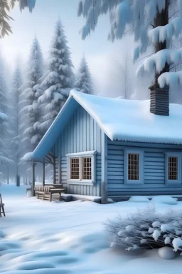 Generate a serene winter scene with softly falling snow, frosted trees, and a cozy cabin. Use cool blues and whites to evoke the tranquility of a winter landscape.