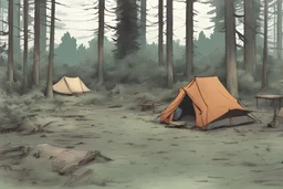 campsite, tents, overgrown, post-apocalyptic, comic book, forest