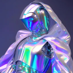 a robot wearing a iridescent cloth