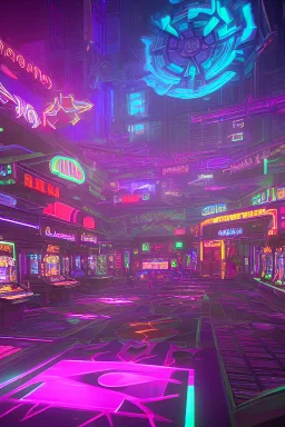 A dark photo of a full panoramic view an 80's aesthetics arcade at night, with a lot of functioning arcade machines, a vaporwave floor and some colorful tiles in between the floor. Purple aesthetics. Full panoramic view